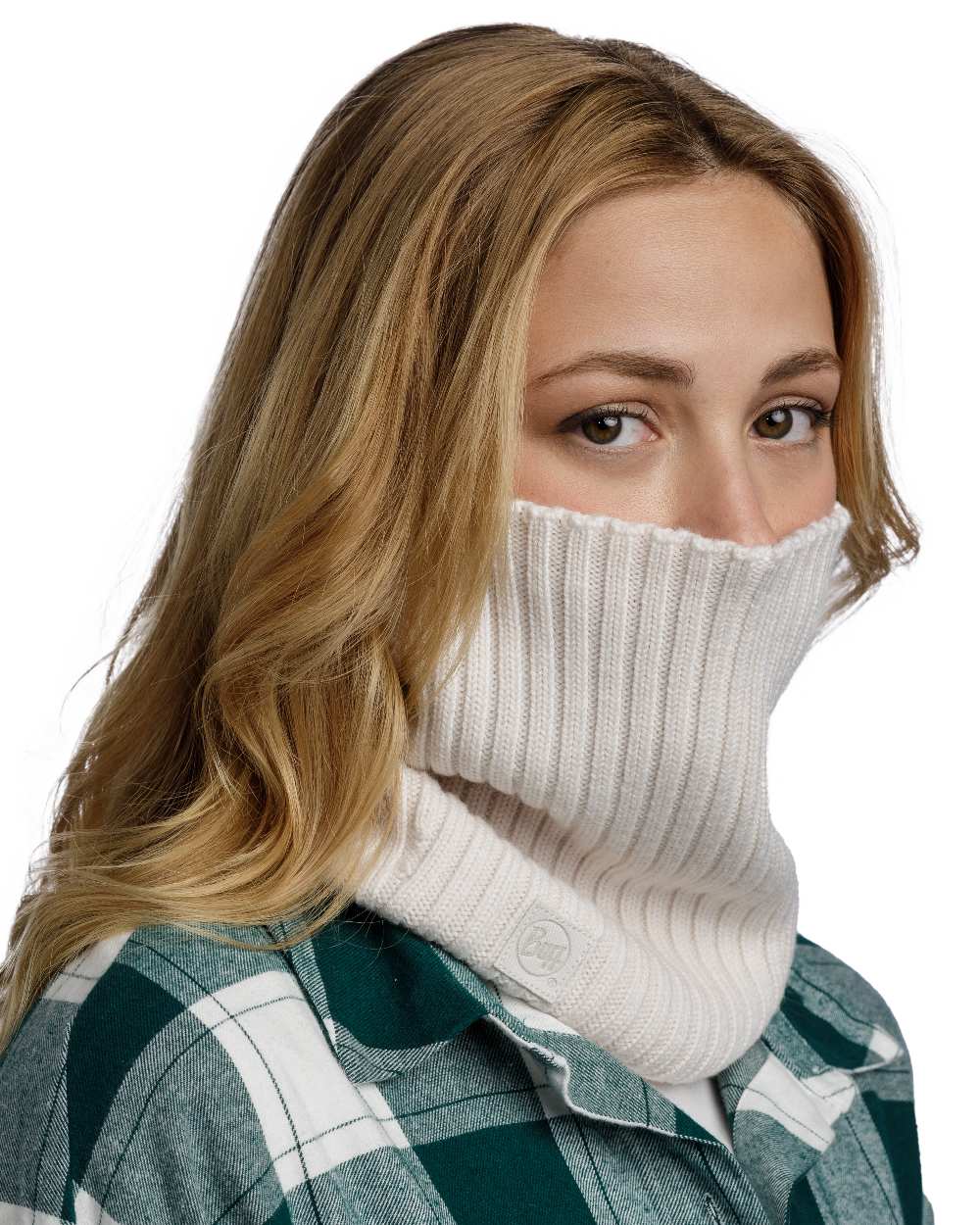 Ice Coloured Buff Norval Merino Wool Knitted Neck Warmer on white background 