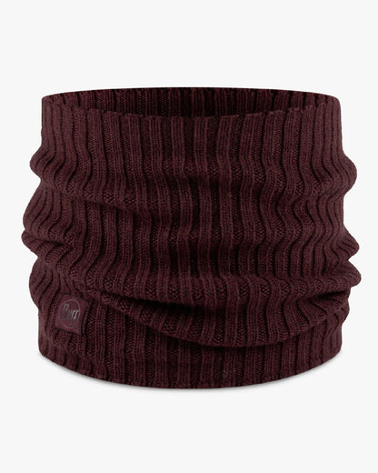 Maroon coloured Buff Norval Merino Wool Knitted Neck Warmer on white background 