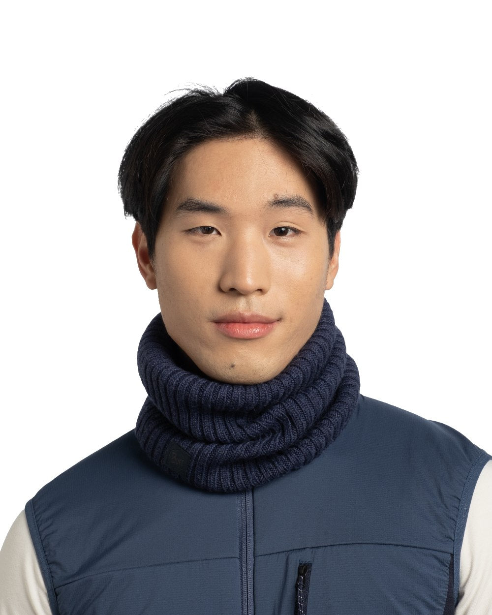 Midnight Blue coloured Buff Norval Merino Wool Knitted Neck Warmer on white background 