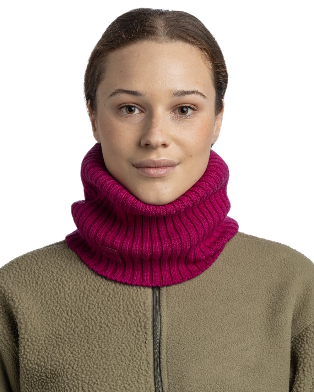 Orchid Coloured Buff Norval Merino Wool Knitted Neck Warmer on white background 