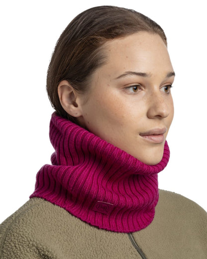 Orchid Coloured Buff Norval Merino Wool Knitted Neck Warmer on white background 