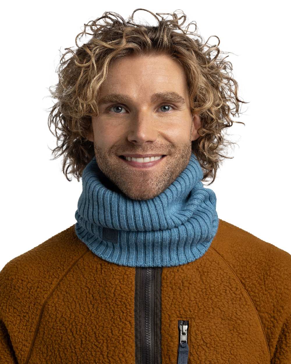 Water Coloured Buff Norval Merino Wool Knitted Neck Warmer on white background 