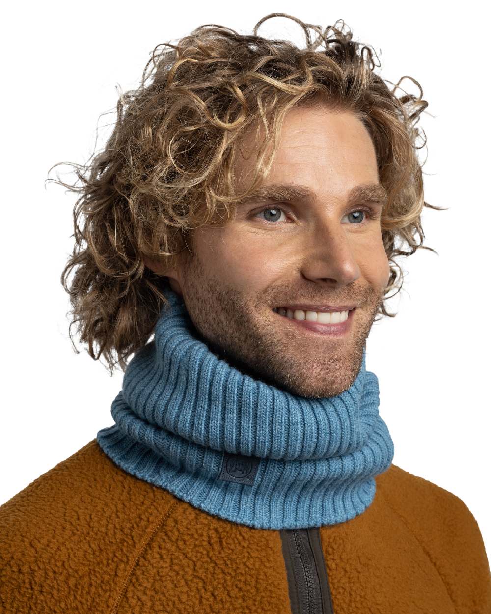 Water Coloured Buff Norval Merino Wool Knitted Neck Warmer on white background 