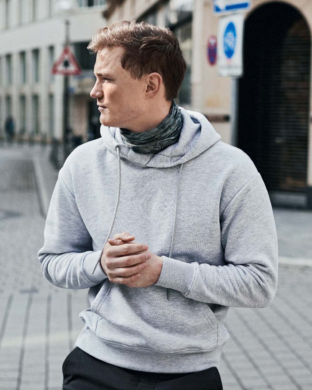 Bark Coloured Buff Original EcoStretch Neckwear on street background 