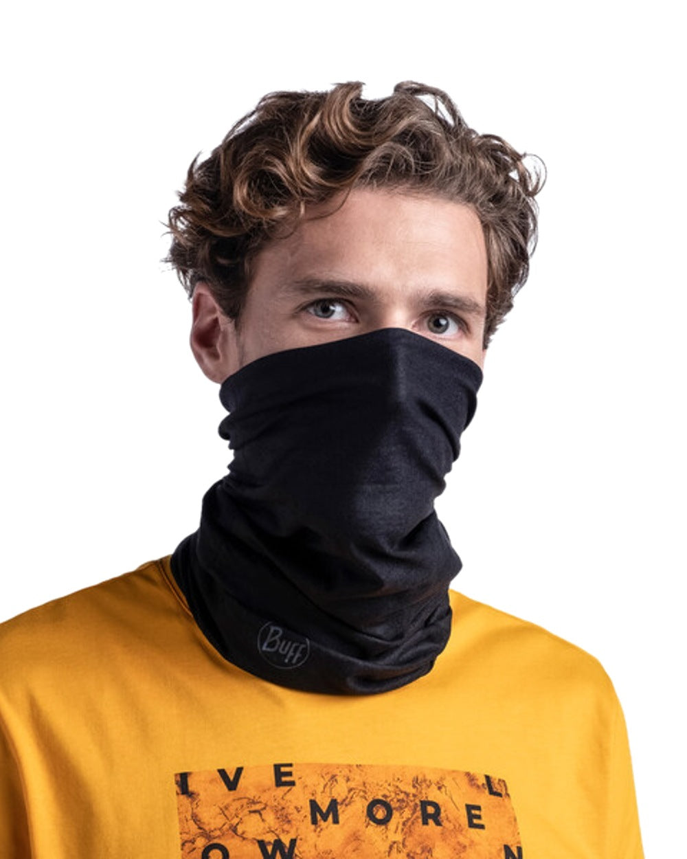 Solid Black Coloured Buff Original EcoStretch Neckwear on white background 
