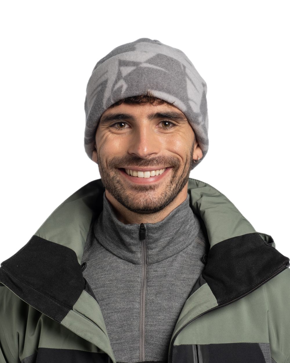 Bondu Grey Coloured Buff Polar Prints Beanie on white background 