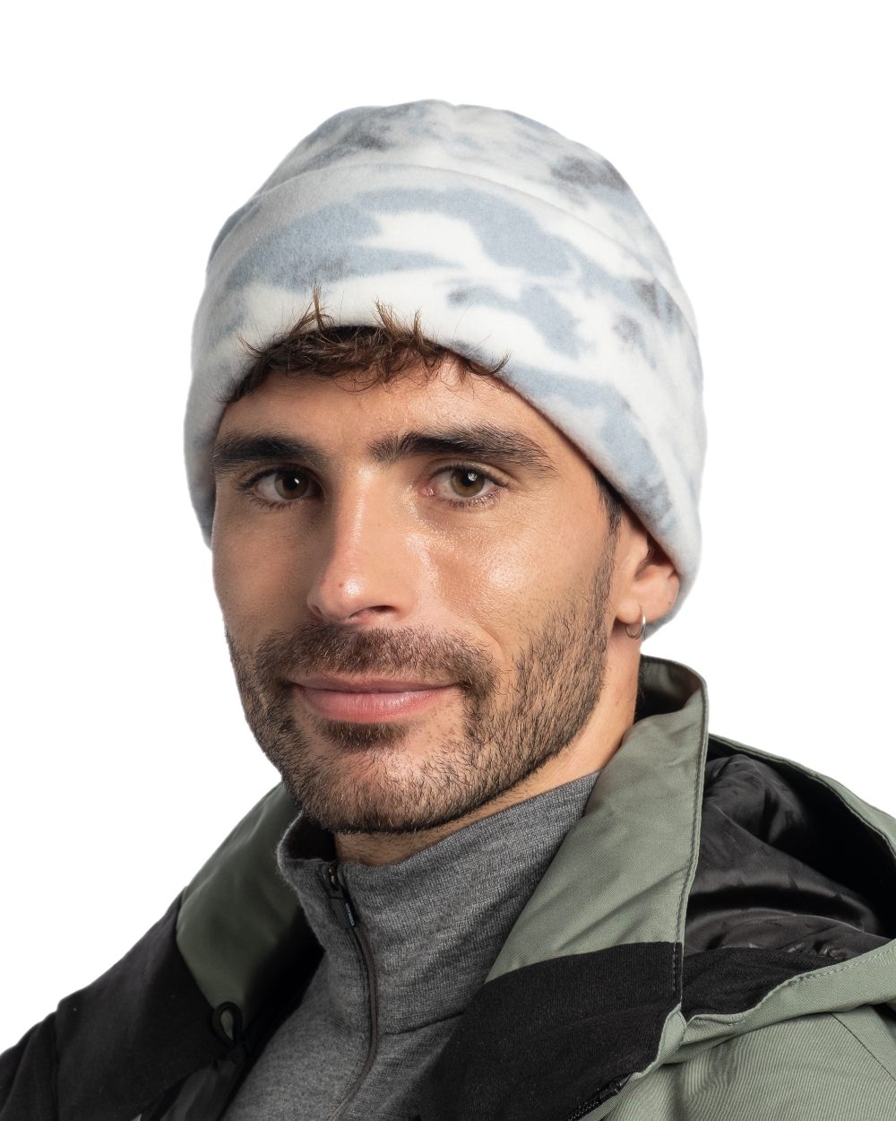 Comat Snow Coloured Buff Polar Prints Beanie on white background 