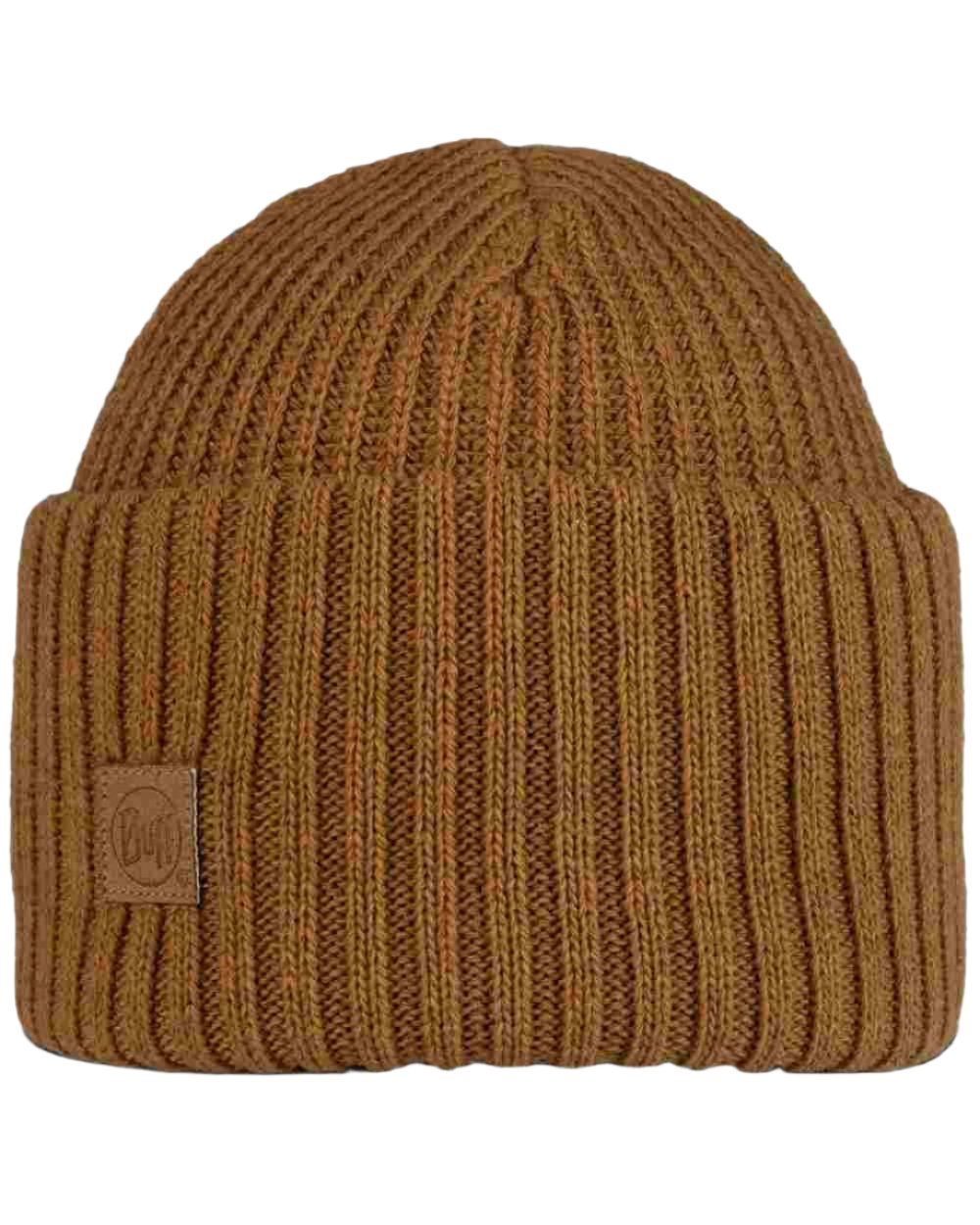 Copper Coloured Buff Rutger Knitted Beanie on white background 