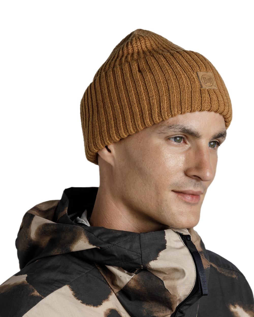 Copper Coloured Buff Rutger Knitted Beanie on white background 