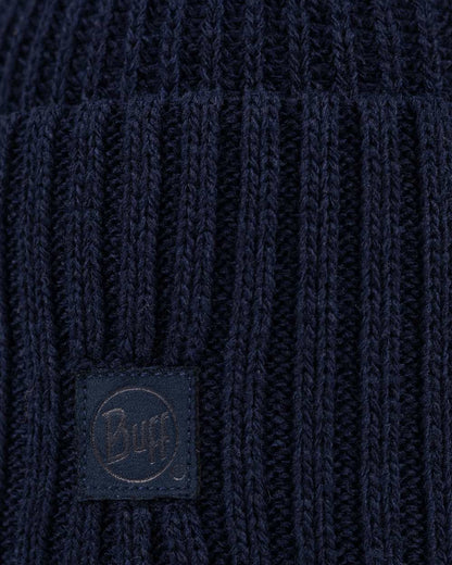 Midnight Coloured Buff Rutger Knitted Beanie on white background 