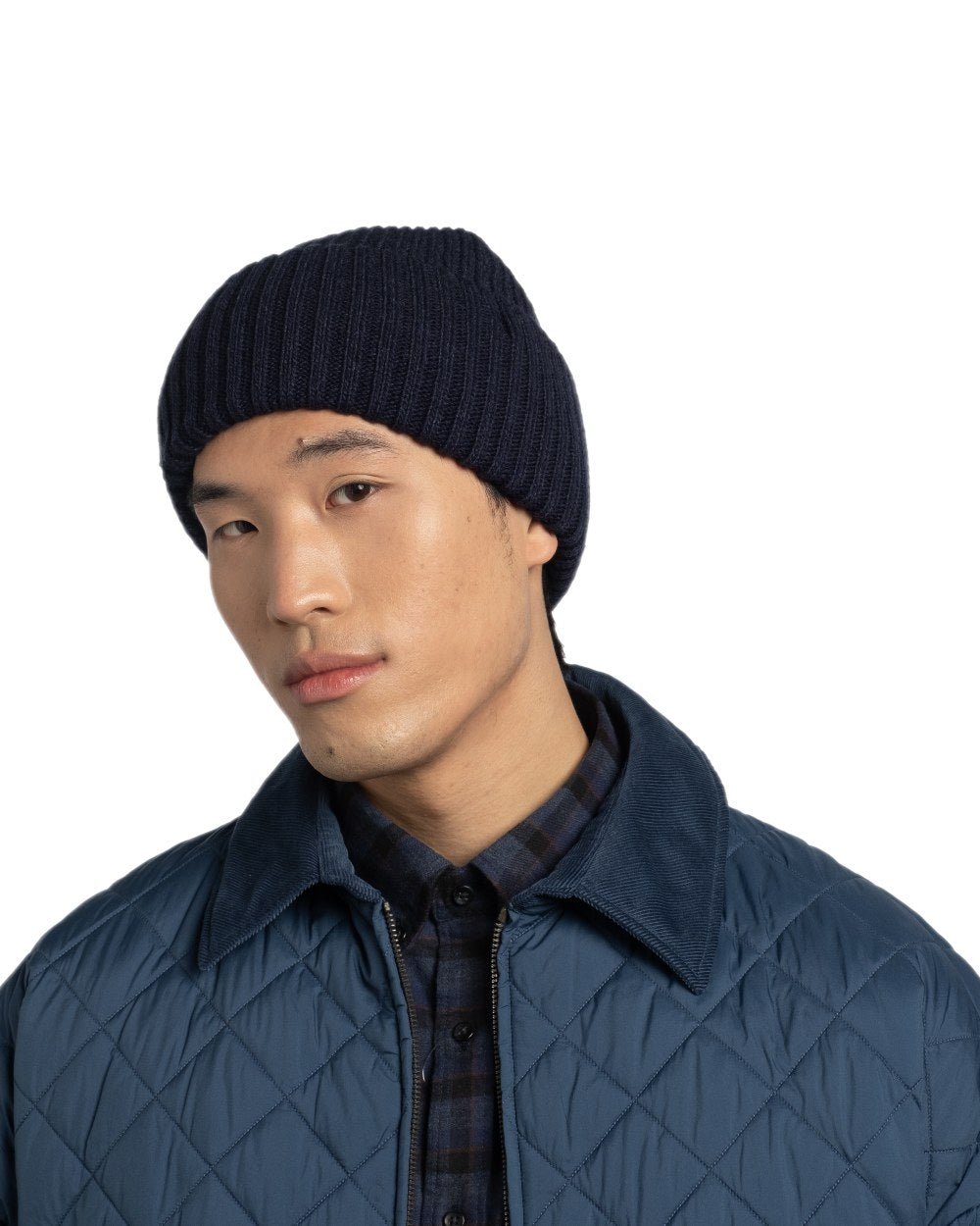 Midnight Coloured Buff Rutger Knitted Beanie on white background 