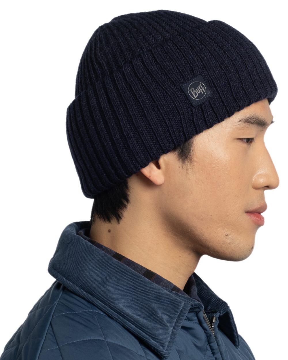 Midnight Coloured Buff Rutger Knitted Beanie on white background 