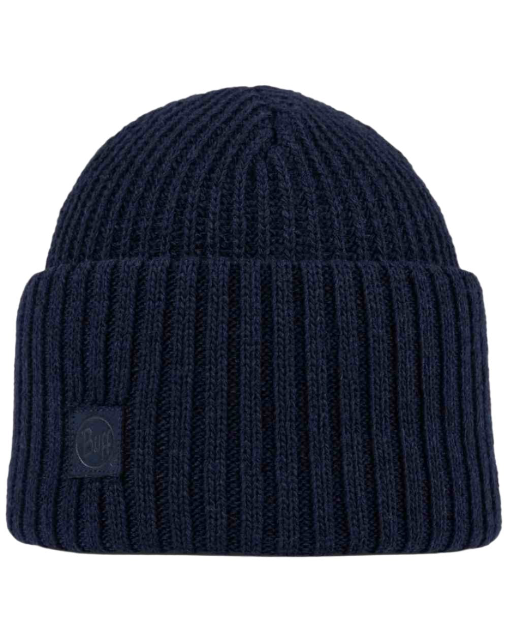 Midnight Coloured Buff Rutger Knitted Beanie on white background 