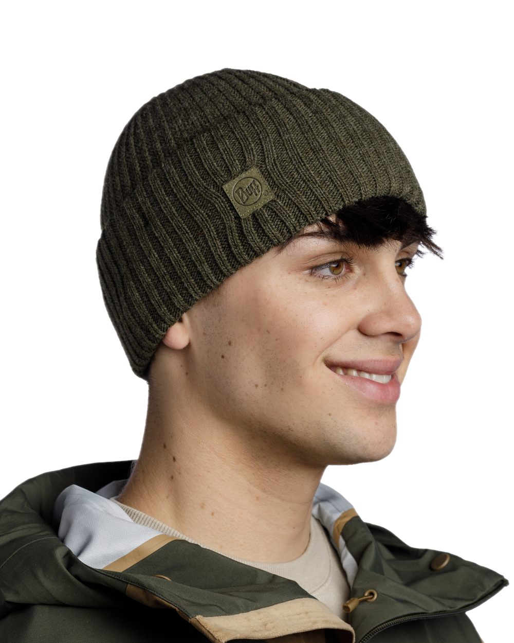 Silversage Coloured Buff Rutger Knitted Beanie on white background 