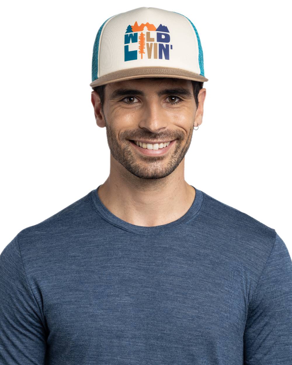 Multi Coloured Buff Scen Trucker Cap on white background 