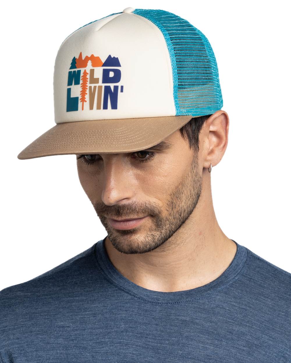 Multi Coloured Buff Scen Trucker Cap on white background 