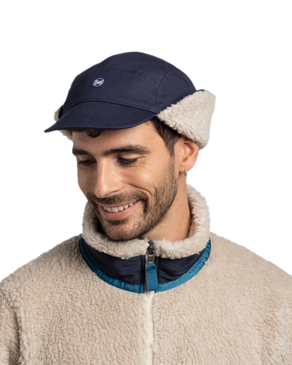 Navy Coloured Buff Simu Fall Line Cap on white background 