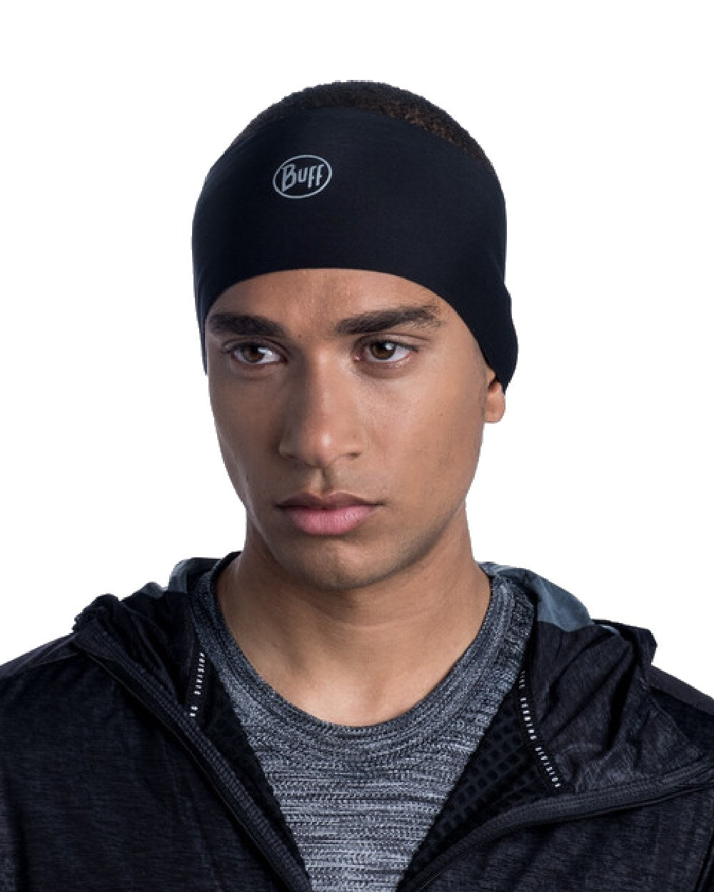 Black Coloured Buff Tech Polar Headband on white background 