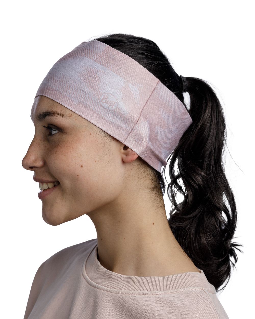 Leev Pale Pink Coloured Buff Thermonet Headband on white background 
