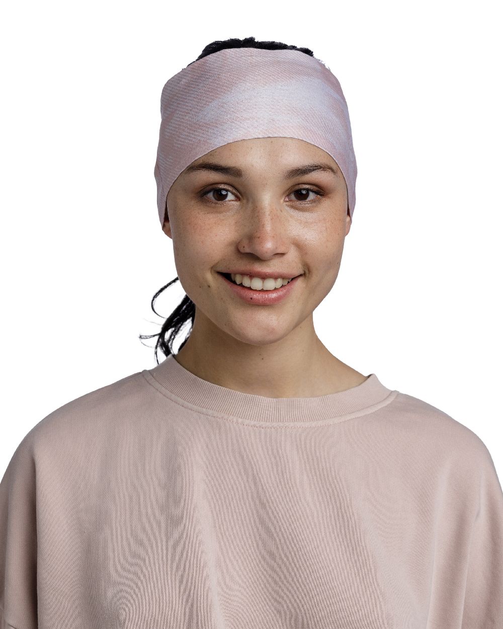Leev Pale Pink Coloured Buff Thermonet Headband on white background 