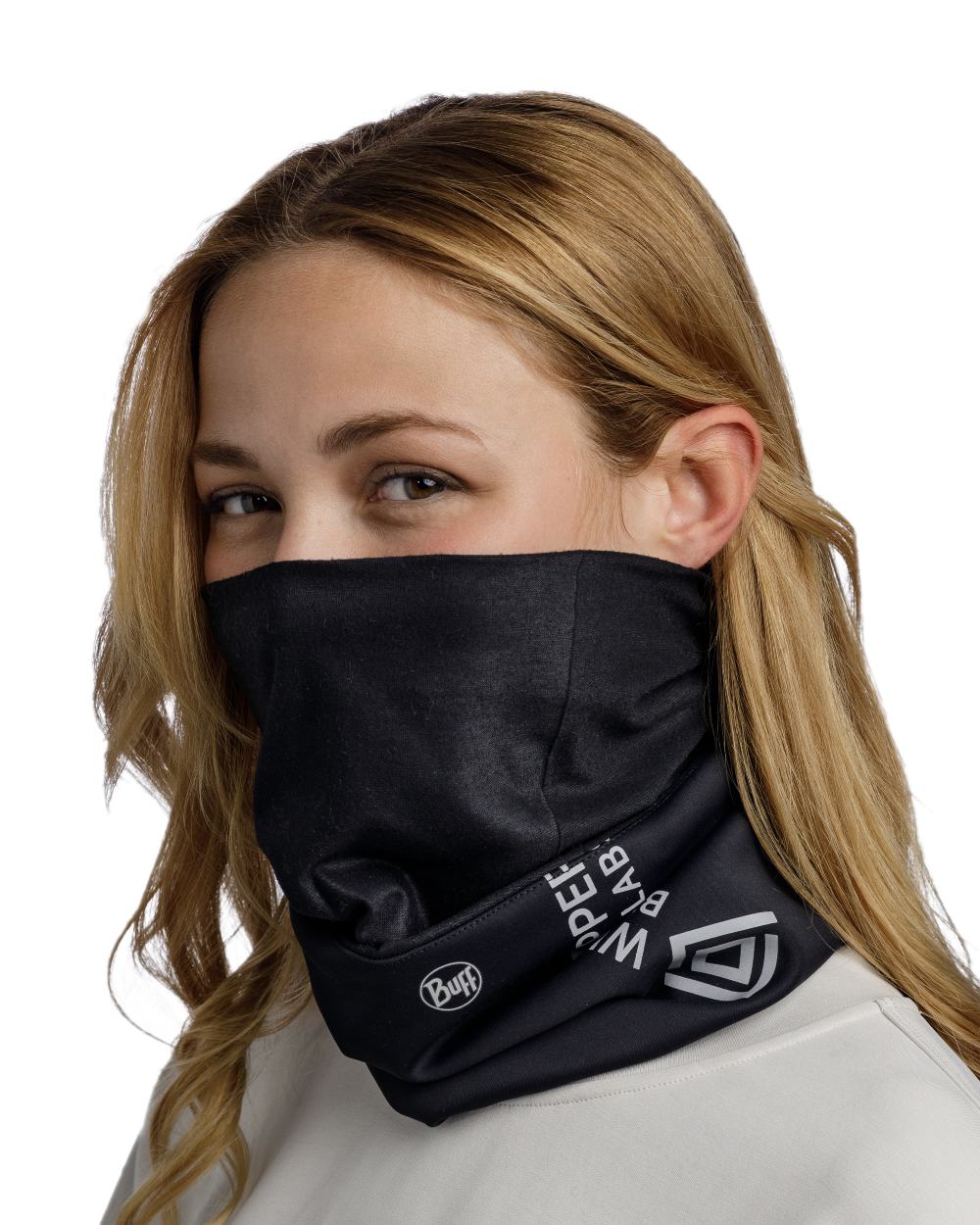 Solid Black Coloured Buff Windproof Neckwear on white background 