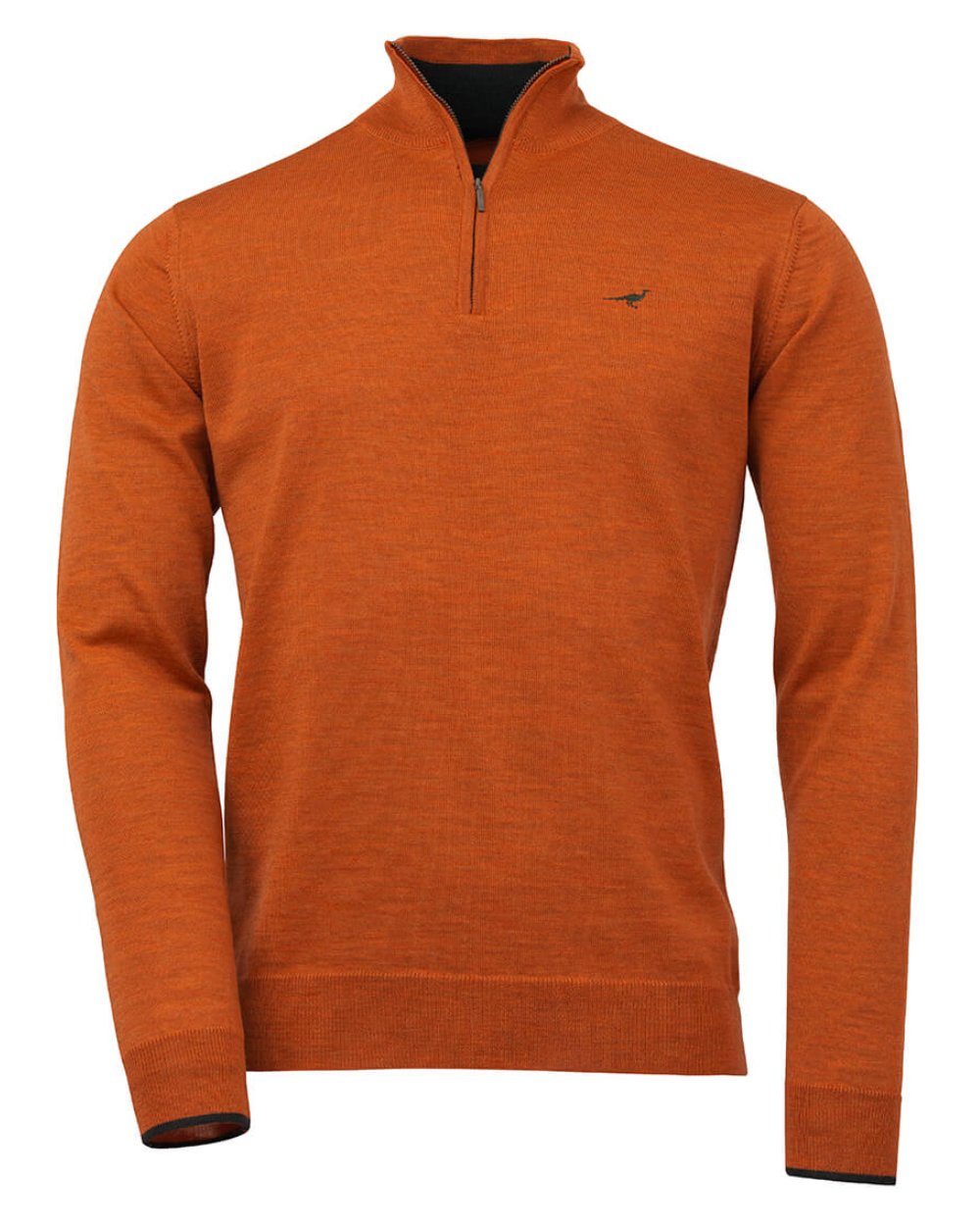 Burnt Orange Coloured Laksen Norfolk Zip Neck Merino Sweater On A White Background 