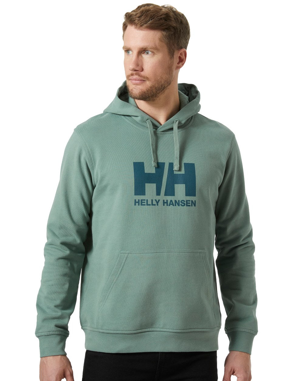 Cactus Coloured Helly Hansen Mens Logo Hoodie On A White Background 