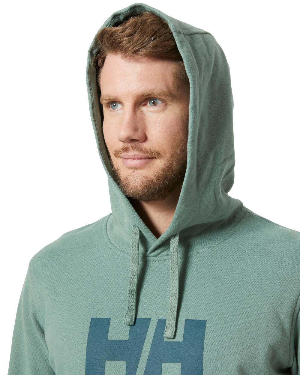 Cactus Coloured Helly Hansen Mens Logo Hoodie On A White Background 