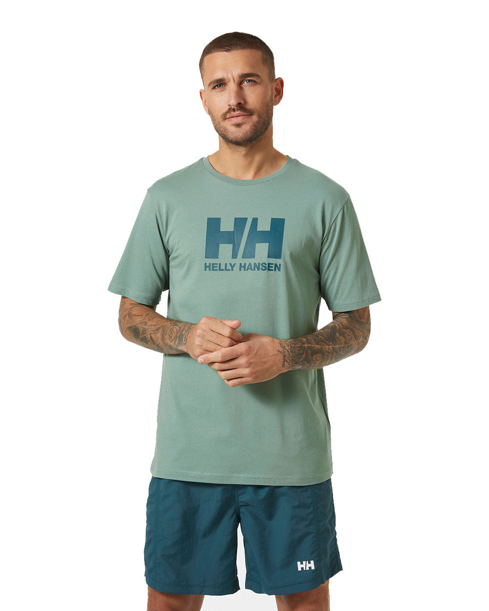 Cactus Coloured Helly Hansen Mens Logo T-Shirt On A White Background 