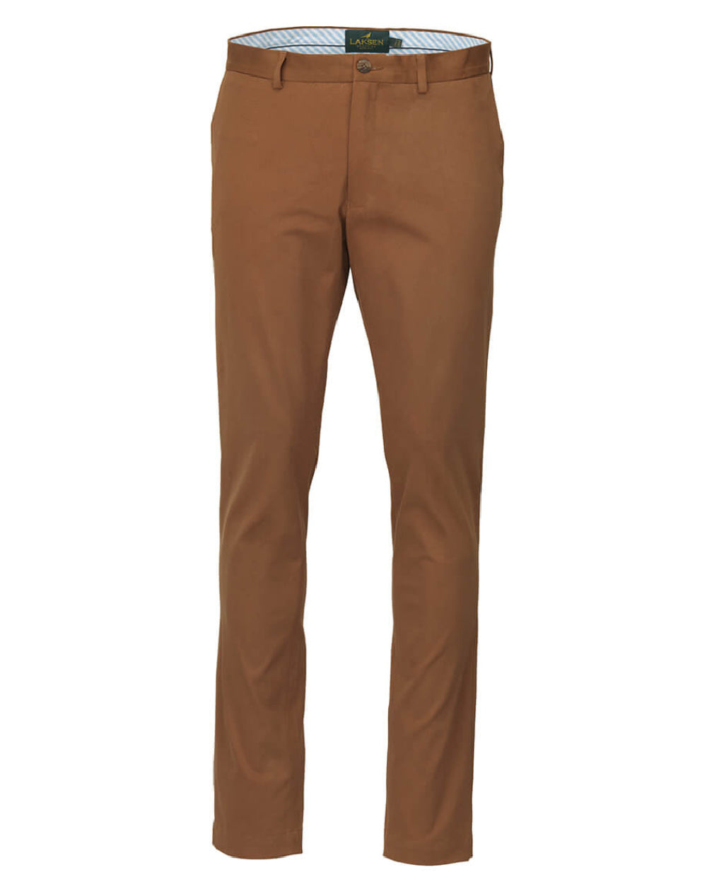 Camel Coloured Laksen Lumley Chino Trousers On A White Background 