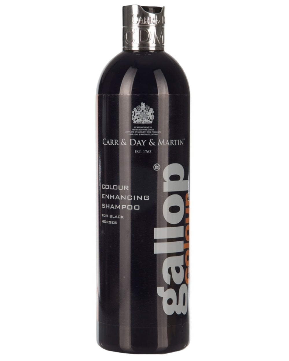 Black coloured Carr &amp; Day &amp; Martin Gallop Colour Shampoo on white background 