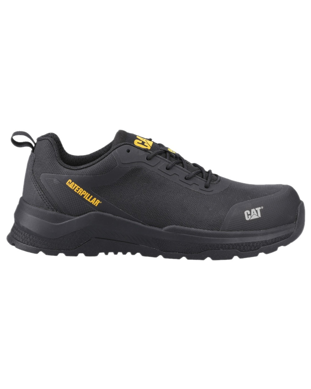 Black Coloured Caterpillar Mens Inductor Mesh Low Safety Trainer on white background 