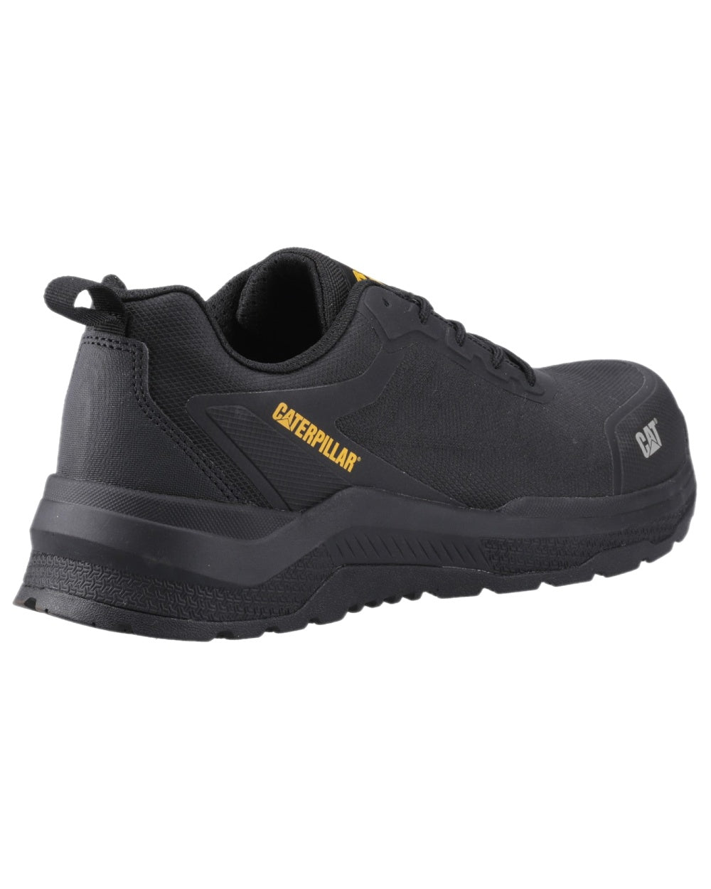 Black Coloured Caterpillar Mens Inductor Mesh Low Safety Trainer on white background 