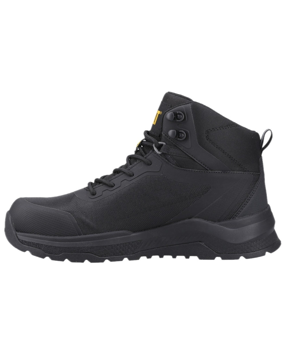 Black Coloured Caterpillar Mens Inductor Mesh Mid Safety Boots on white background 