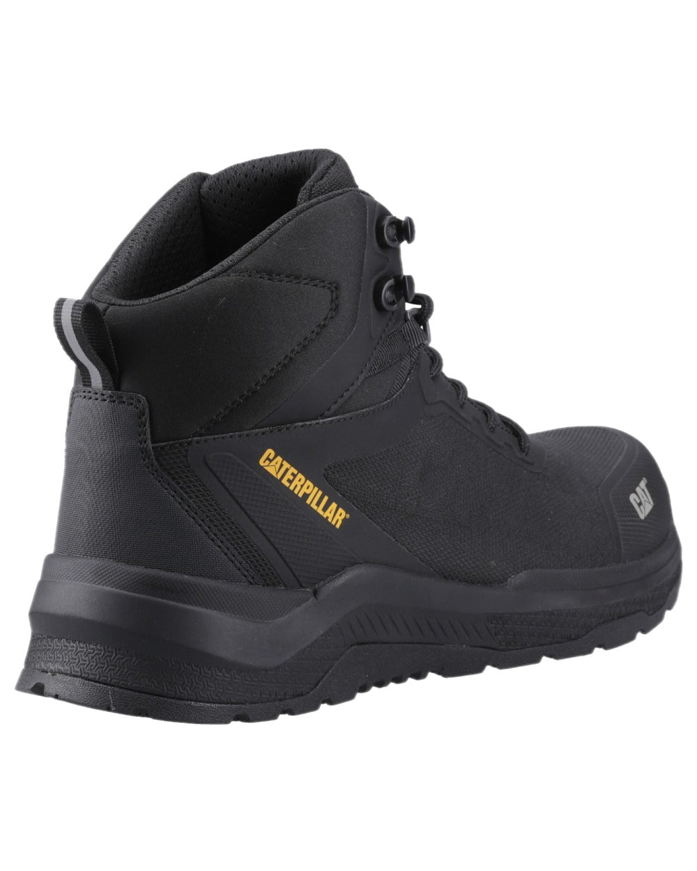 Black Coloured Caterpillar Mens Inductor Mesh Mid Safety Boots on white background 