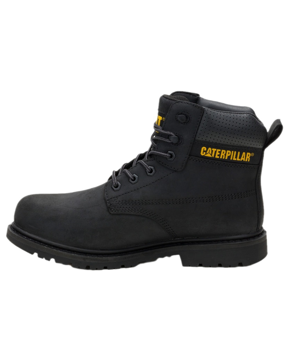 Black Coloured Caterpillar Mens Silva Lace Up Occupational Work Boots on white background 