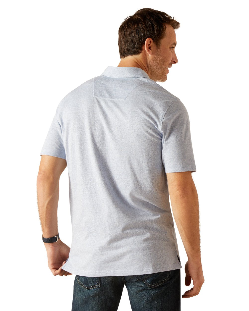 Chambray Blue Coloured Ariat Mens Chorley Polo Shirt On A White Background 