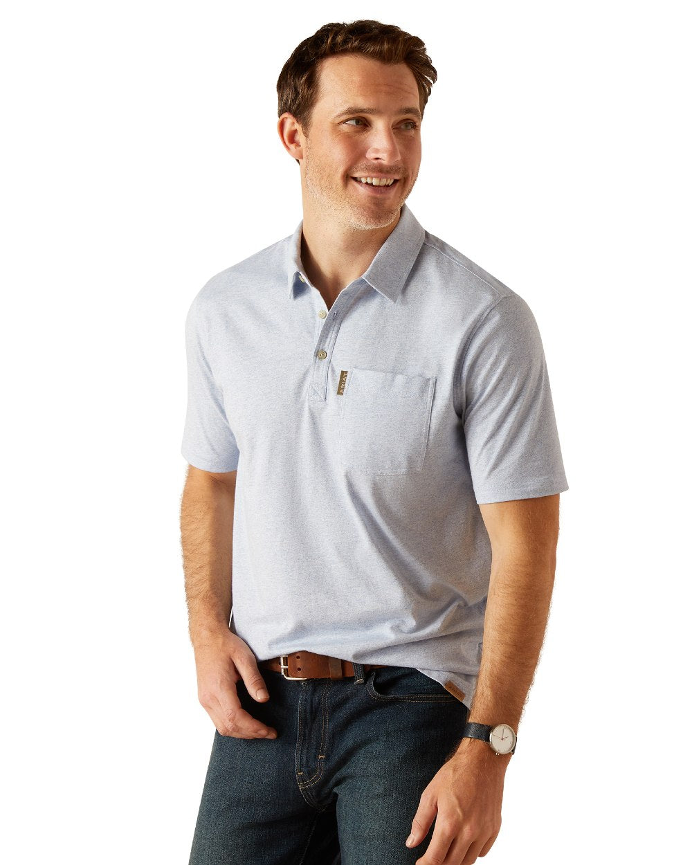 Chambray Blue Coloured Ariat Mens Chorley Polo Shirt On A White Background 