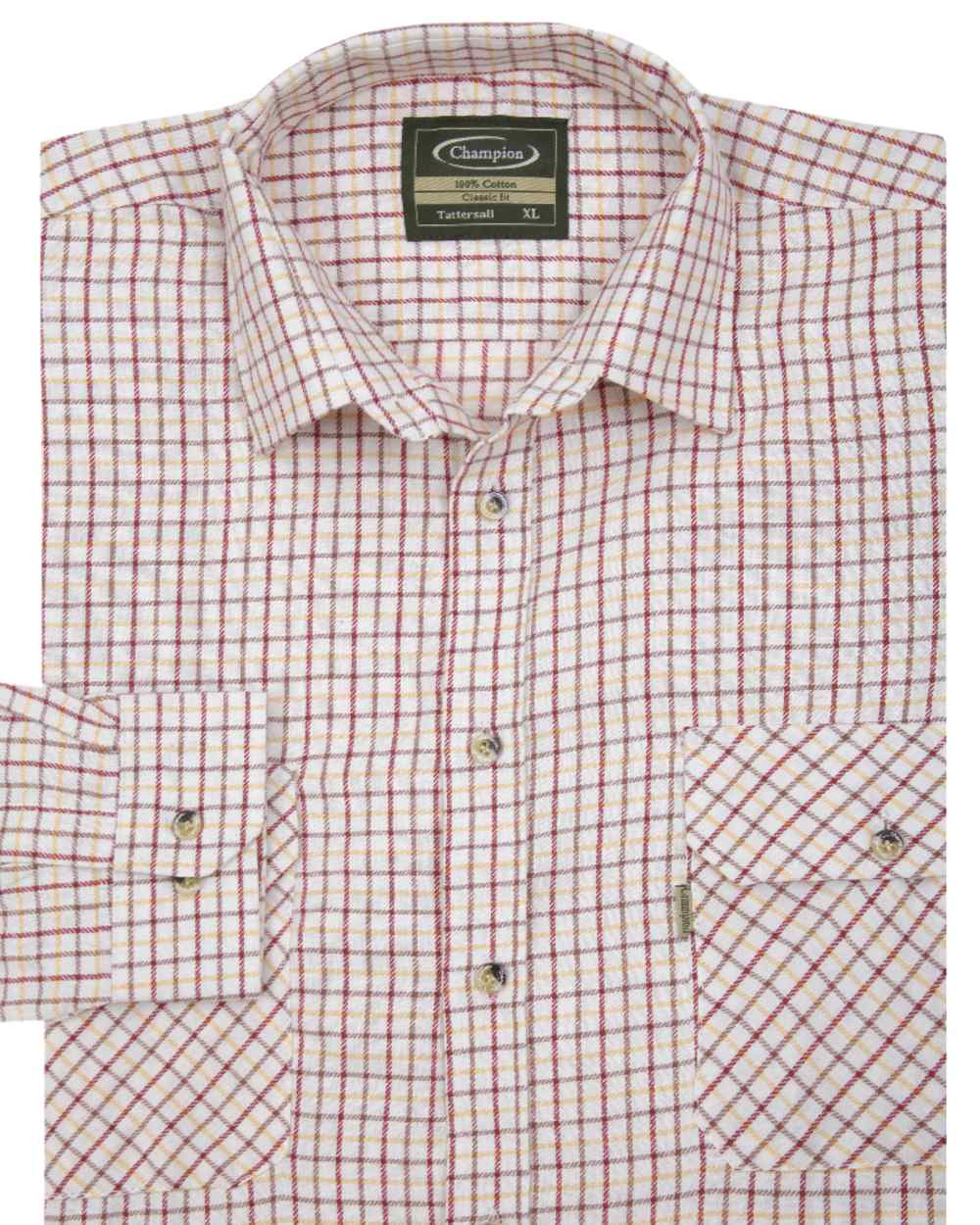 Red coloured Champion 100% Cotton Tattersall Check Shirt on white background 