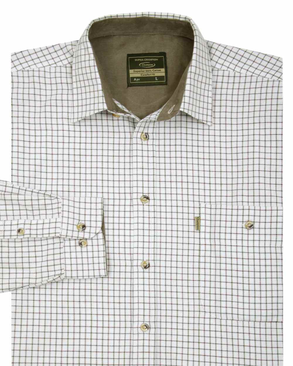 Green coloured Champion Ayr Heavyweight All Cotton Tattersall Shirt on white background 