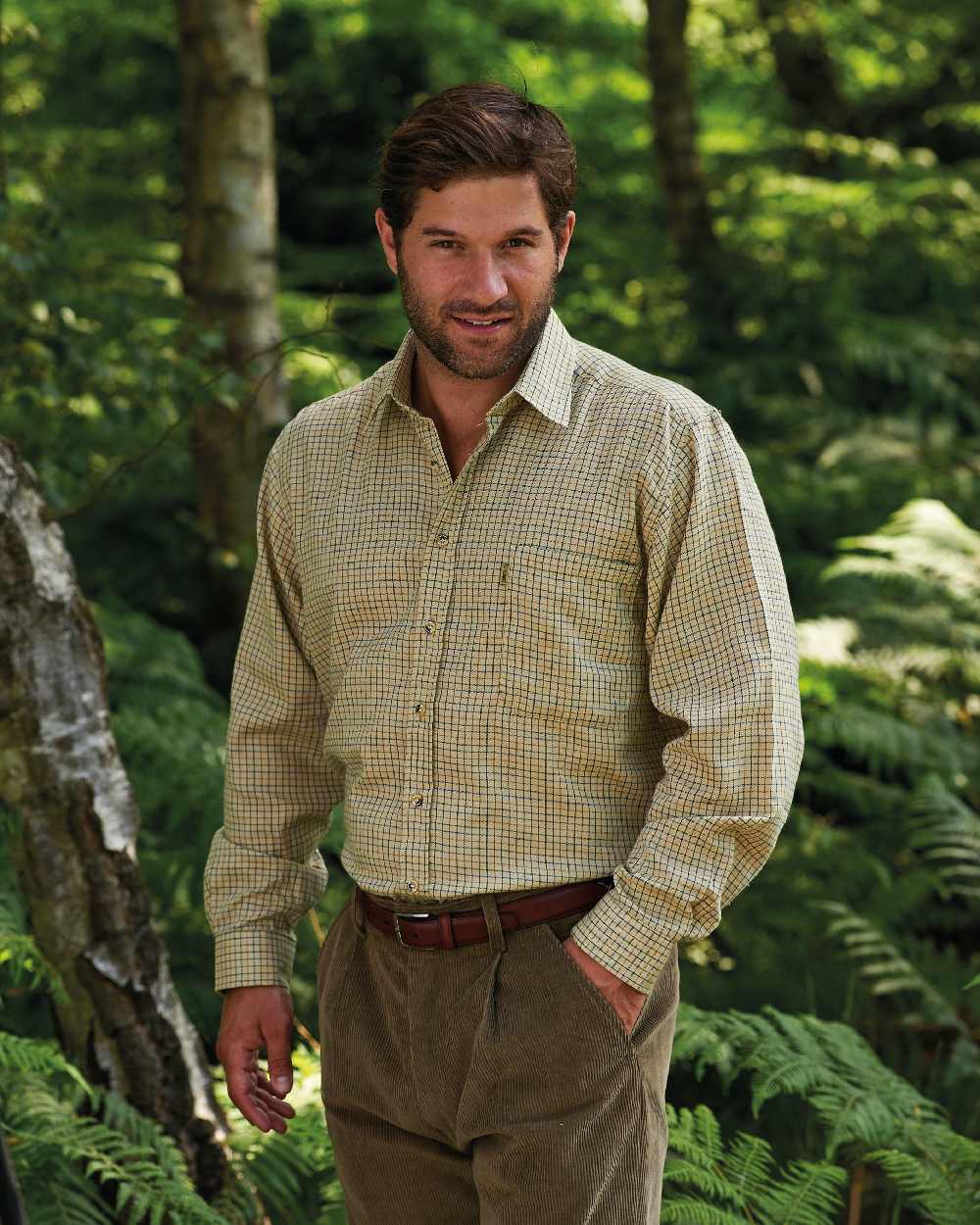 Beige Stone coloured Champion Cartmel Field Tattersall Shirt on forest background 