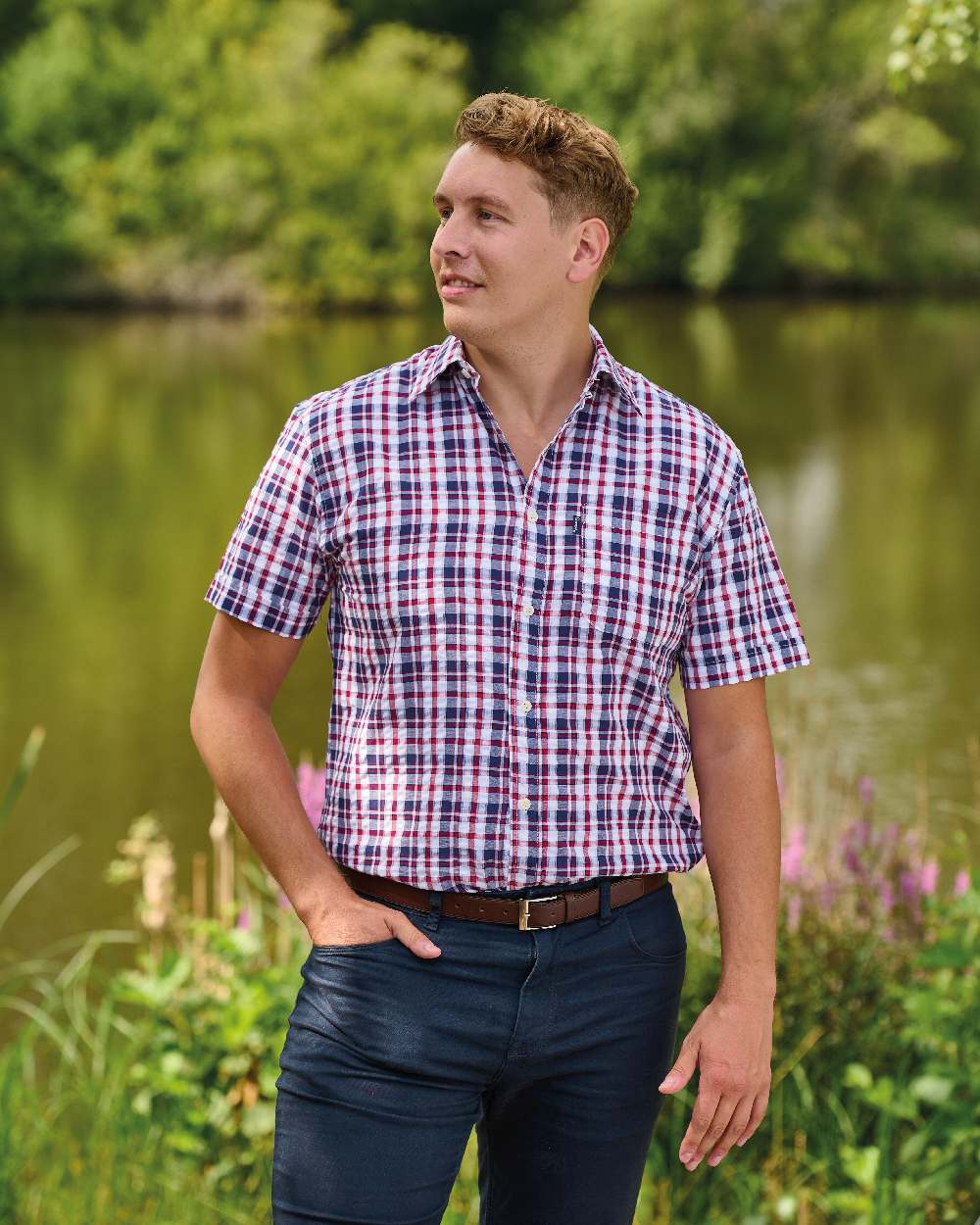 Wine coloured Champion Croyde Cotton Short Sleeved Shirt on river background 