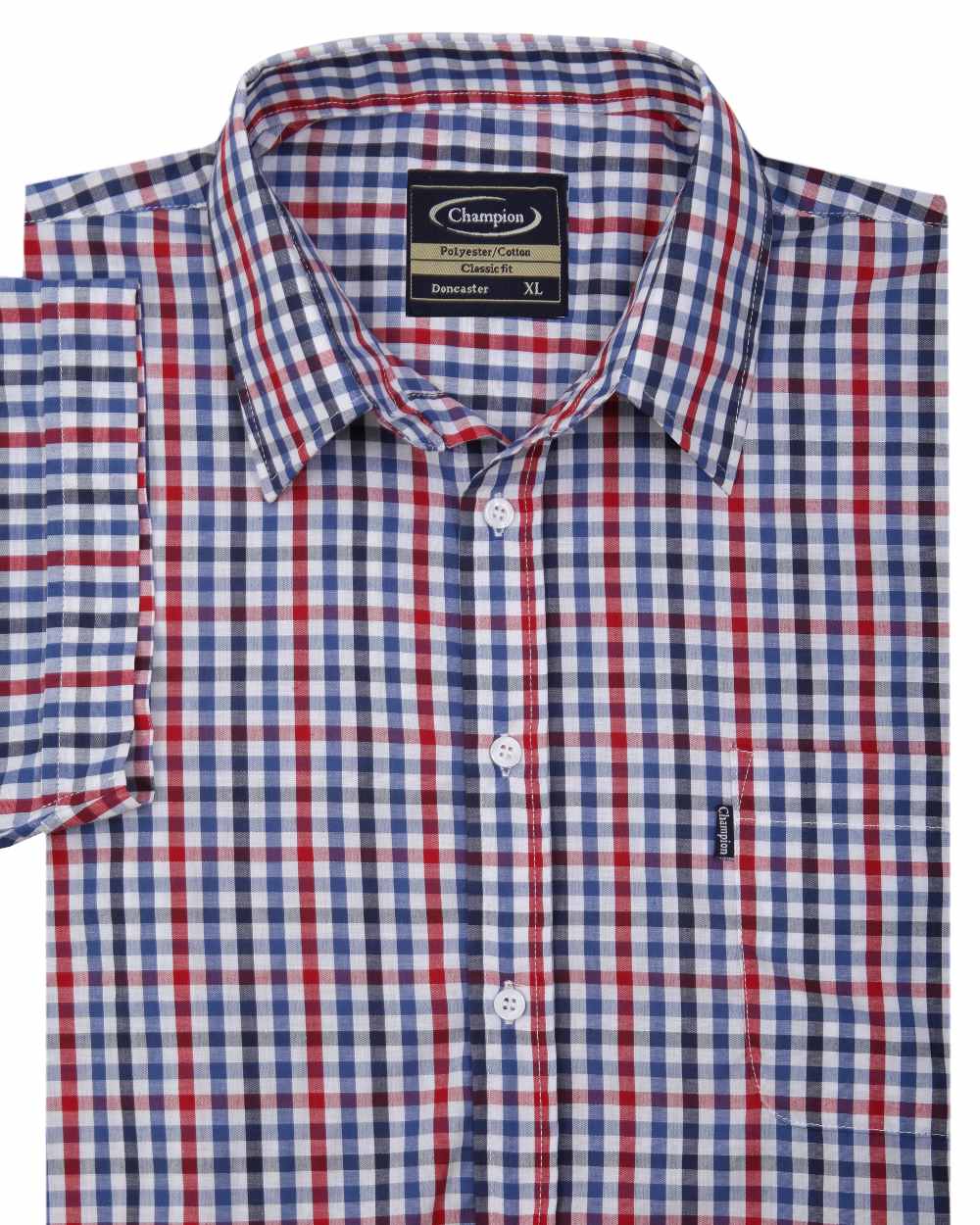 Blue Red coloured Champion Doncaster Short Sleeved Shirt on white background 