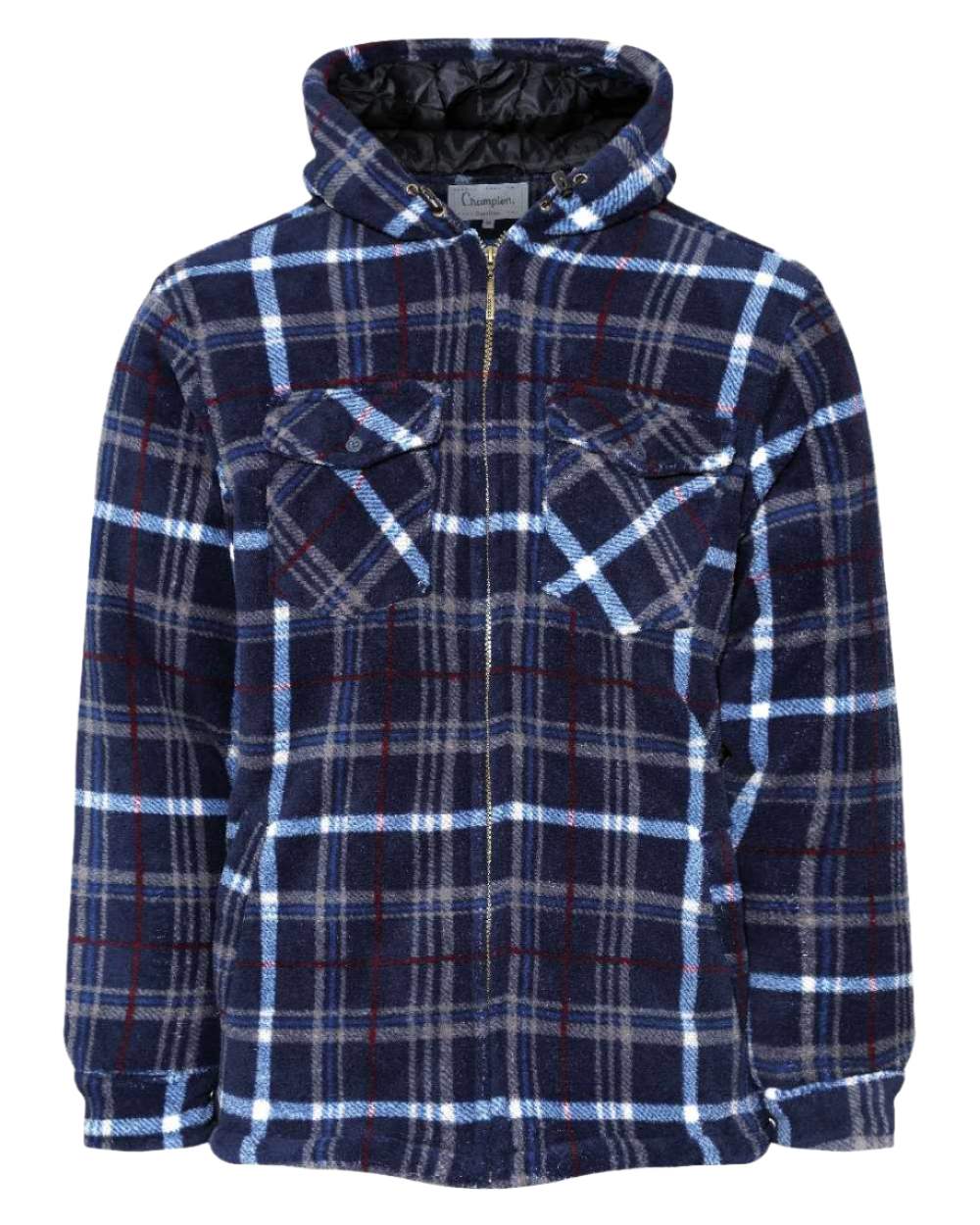Blue coloured Champion Dumfries Mens Hooded Lumberjack Fleece Jacket on white background 