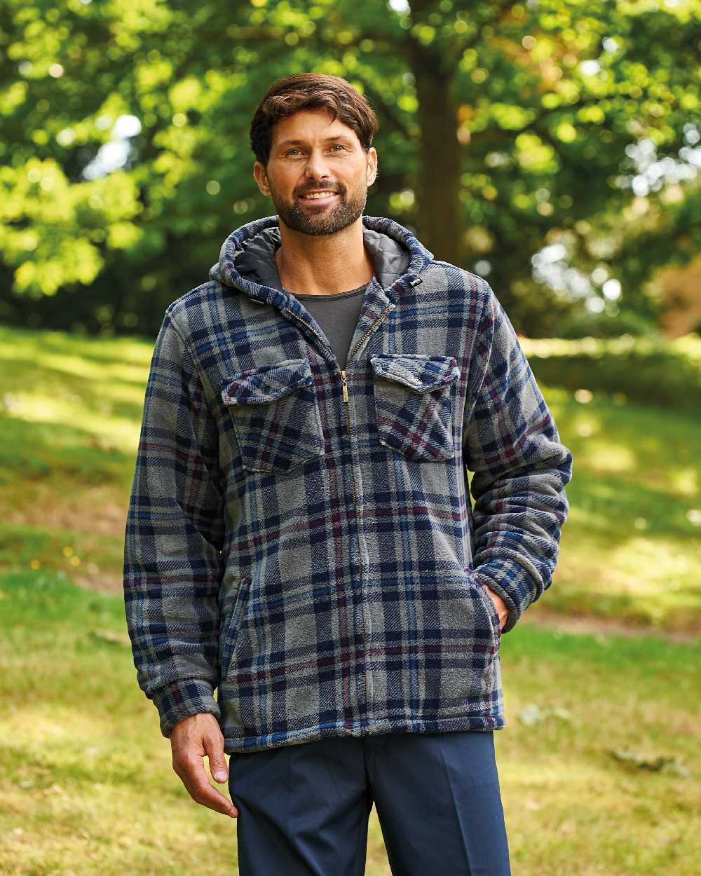 Grey coloured Champion Dumfries Mens Hooded Lumberjack Fleece Jacket on lawn background 