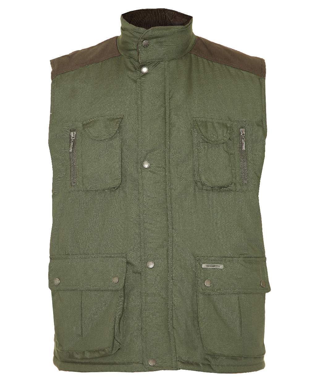 Olive coloured Champion Exmoor Multi Pocket Padded Bodywarmer on white background 
