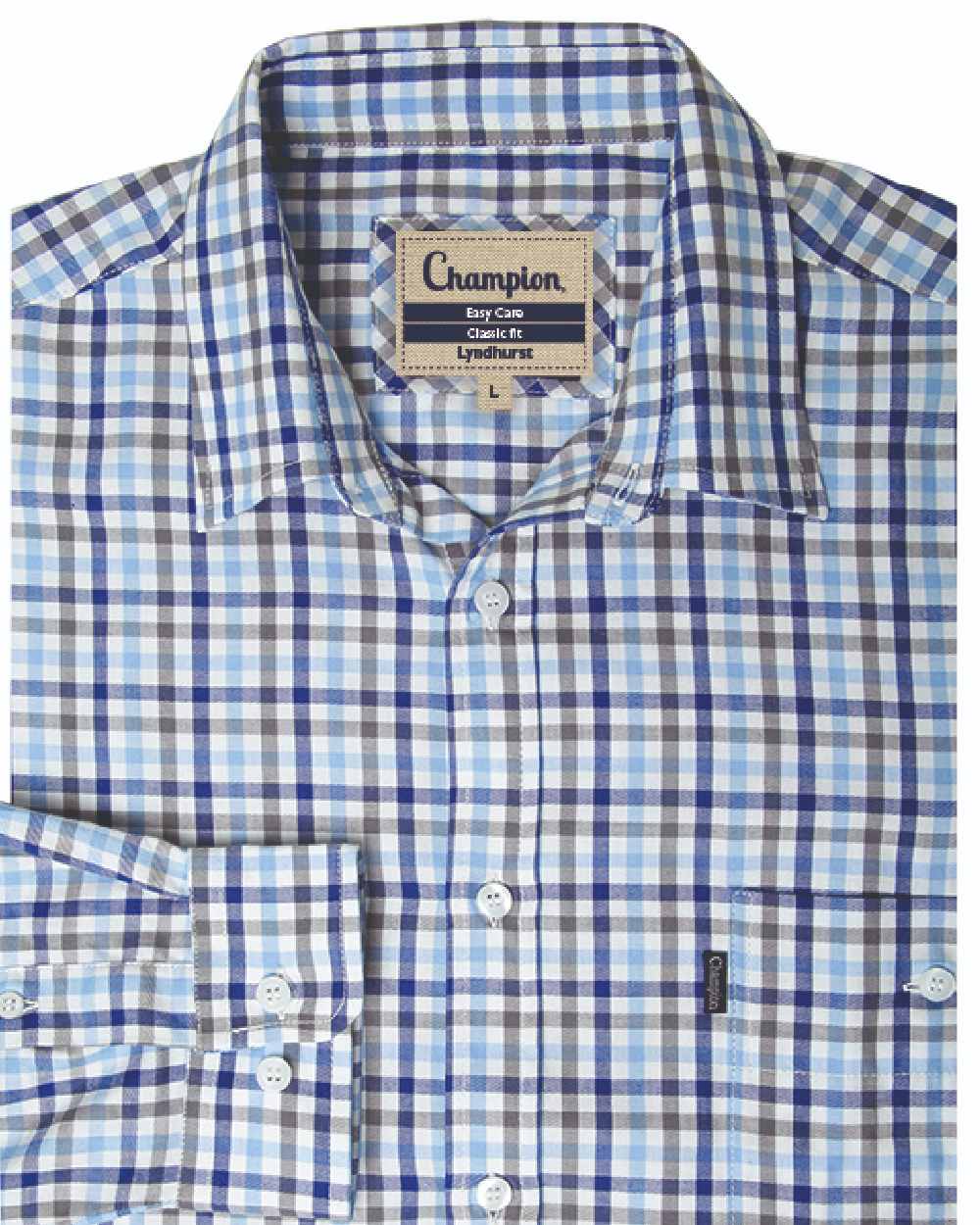 Navy coloured Champion Lyndhurst Check Shirt on white background 