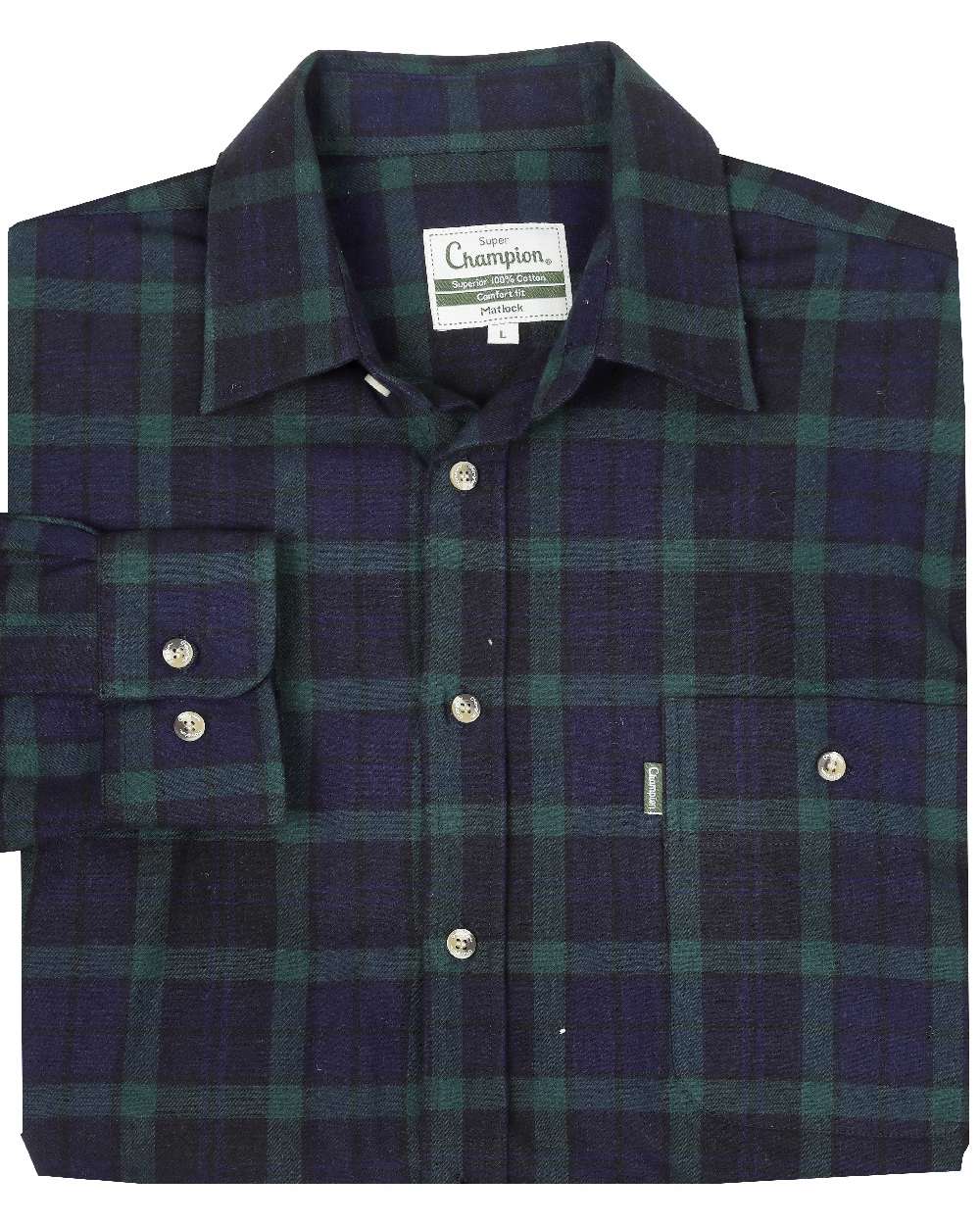 Green Navy coloured Champion Matlock Tartan Shirt on white background 