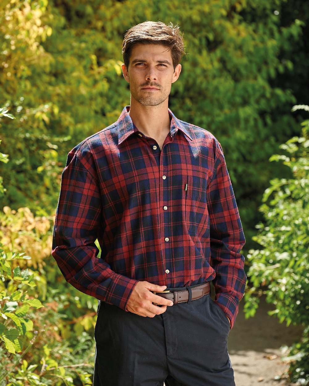 Red Navy coloured Champion Matlock Tartan Shirt on forest background 