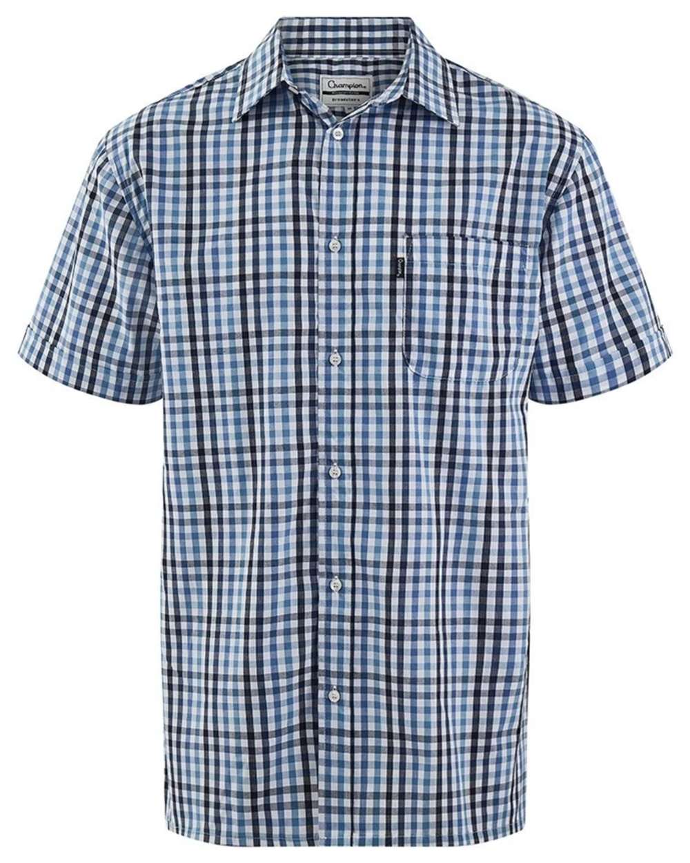 Blue coloured Champion Mens Broadstairs Short Sleeve Shirt on white background 